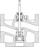 Schematische Darstellung eines Regelventils, das von IMI Hydronic Engineering stammt, mit einer zentralen Achse, Durchgangsöffnungen und verschiedenen Schnittflächen.